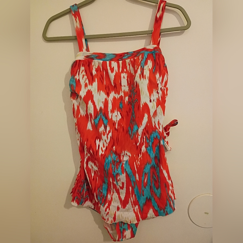 Island Pearls Women's Orange and Blue‎ Patterned Swim One Piece Sz 14